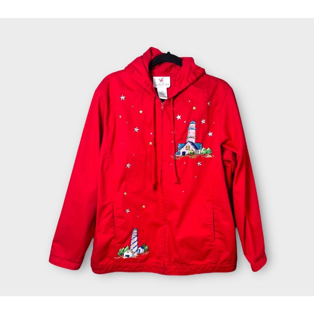 Quacker Factory Lighthouse Jacket Embroidered Full Zip Nautical Lightweight XL